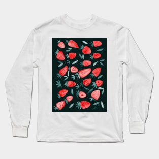 Watercolors strawberries - red and teal on dark background Long Sleeve T-Shirt